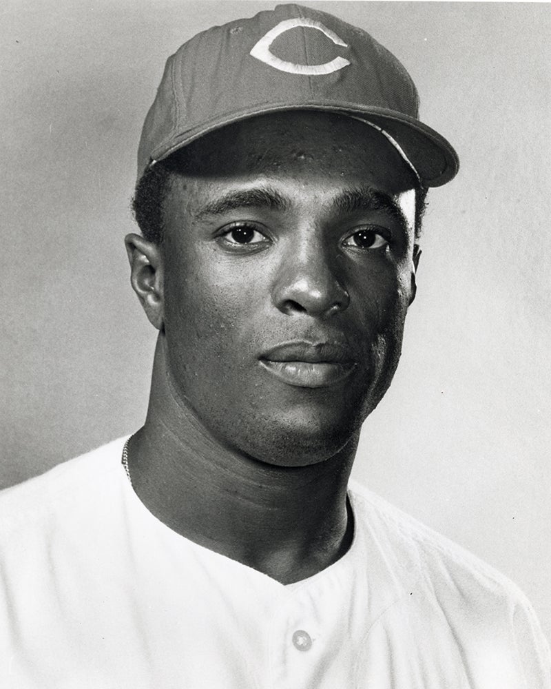 Head and shoulders portrait of Alex Johnson in Reds uniform